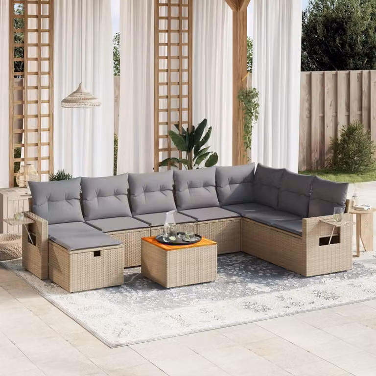 vidaXL Set Divano da Giardino 9 pz a Forma di L con Cuscini Beige e Grigio in Polyrattan e Acciaio