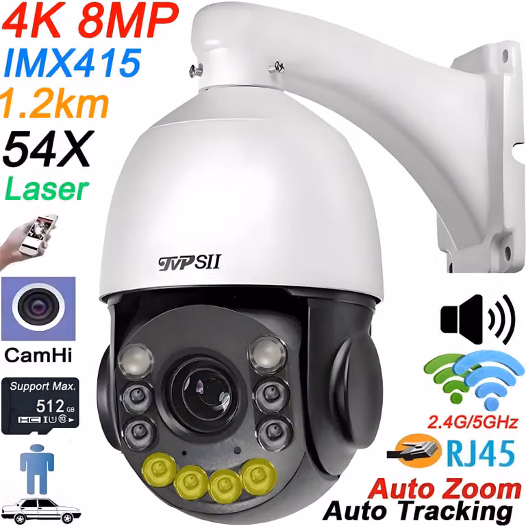 Telecamera PTZ 4K per la sicurezza – Telecamera 4K Ultra HD – Telecamera a cupola – Telecamera di sorveglianza – Zoom ottico 54x – WiFi