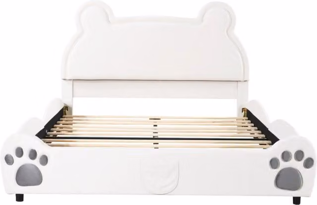 Letto Imbottito per Bambini a Forma di Orso, 140 x 200 cm, Tessuto Vellutato Bianco