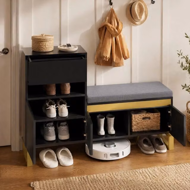 Scarpiera multifunzione MODFU con panca e cuscino in MDF nero lucido e dettagli oro, L 120 x P 35 x H 85 cm