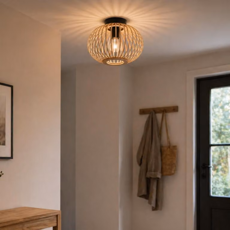 Lampada da soffitto, 30 cm, E27, bambù/metallo, naturale/nero
