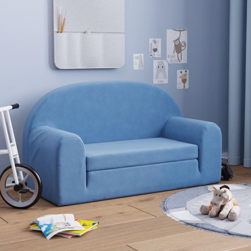 vidaXL Divano Letto per Bambini a 2 Posti Blu in Morbido Peluche