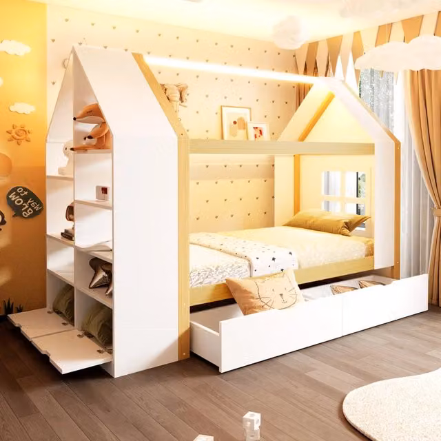 letto per bambini in legno massello bianco e naturale 90 x 200 cm