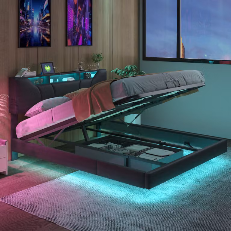 CDGlobal letto imbottito 140x200cm letto contenitore con LED/USB, letto matrimoniale a molle con rete a doghe e contenitore, letto funzionale per giovani, PU, nero