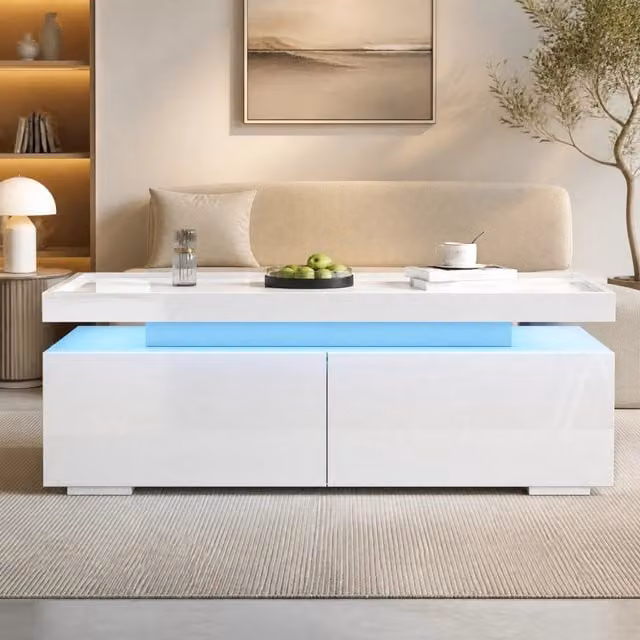 Tavolino basso fisso con LED; 2 cassetti; piano bianco lucido e vano aperto; 95 × 45 × 35 cm