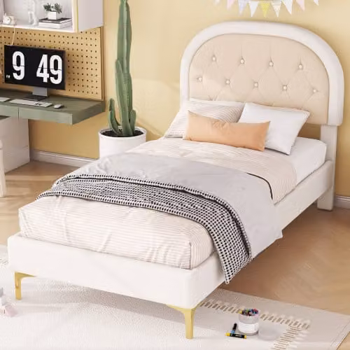 Letto imbottito AIORBER, 90x200cm, letto con rete a doghe, letto con piedini in metallo, velluto, testata curva, letto per bambini, per camerette, appartamenti, beige