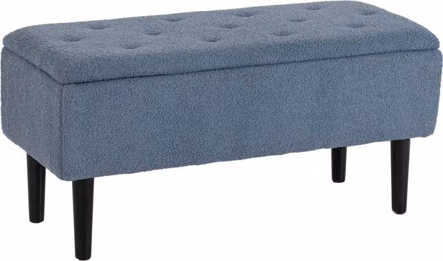 Panca imbottita con contenitore HOMCOM in effetto cashmere blu con struttura in legno naturale, L: 95 cm, P: 38 cm, H: 45 cm – 1
