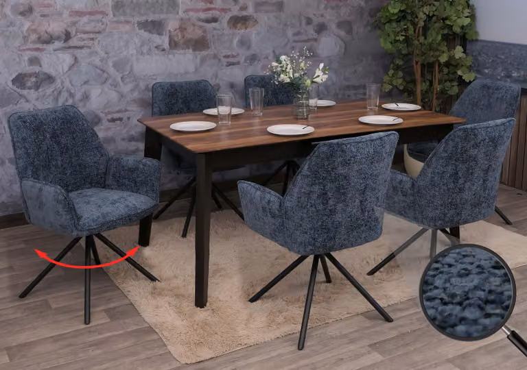 Set di 6 sedie da pranzo modello HWC-G67, sedia per cucina con braccioli, girevole con sistema di auto-blocco, in tessuto chenille ®, colore blu scuro