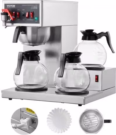 VEVOR Macchina da Caffè Commerciale con Filtro, 12 Tazze, 3 Caraffe in Vetro e 3 Piastre Riscaldanti, Acciaio Inox e Vetro, Silver, L: 46,0 cm, P: 40,5 cm, H: 40,5 cm