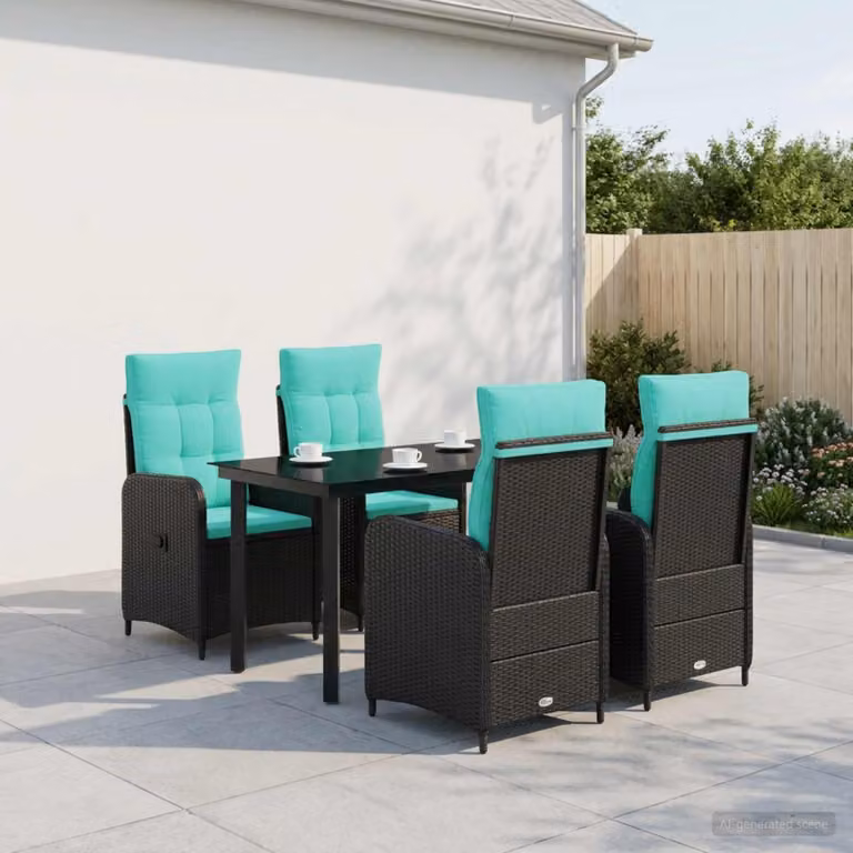 Set da pranzo per giardino vidaXL in polyrattan da 5 pezzi, colore nero e turchese