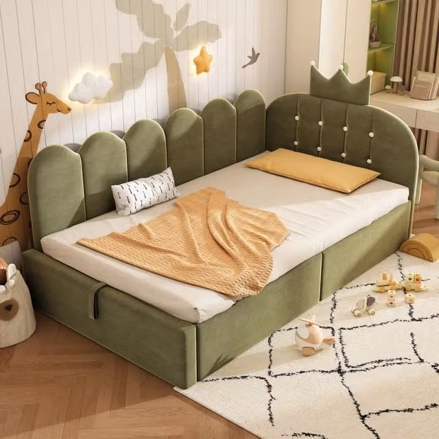 Letto singolo con contenitore Mivray in velluto verde con daybed a L e testiera a corona, L/P/H: 90 x 200 cm