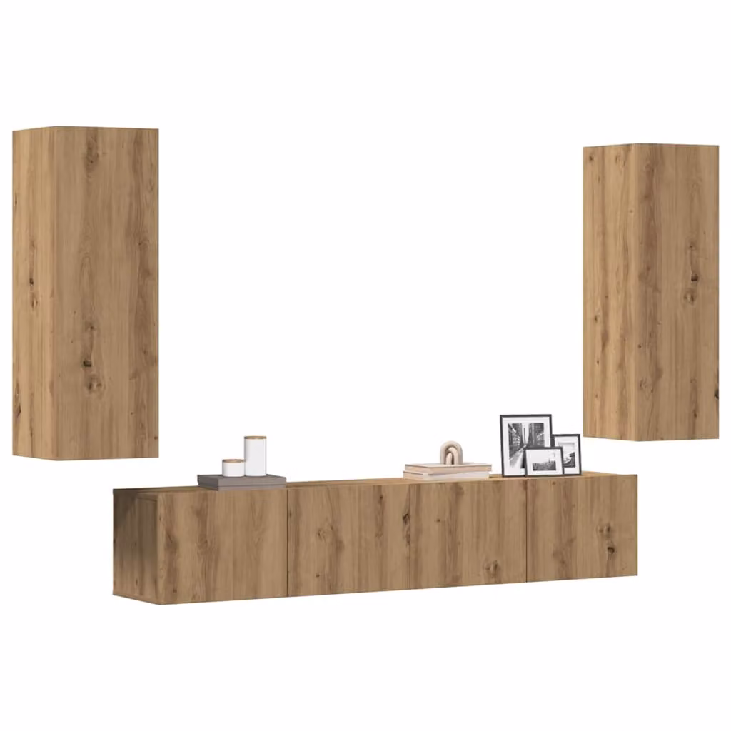 Set di 4 mobili TV da parete vidaXL in legno multistrato e MDF, stile moderno, colore rovere marrone, L: 90 cm, P: 30,5 cm, H: 30 cm