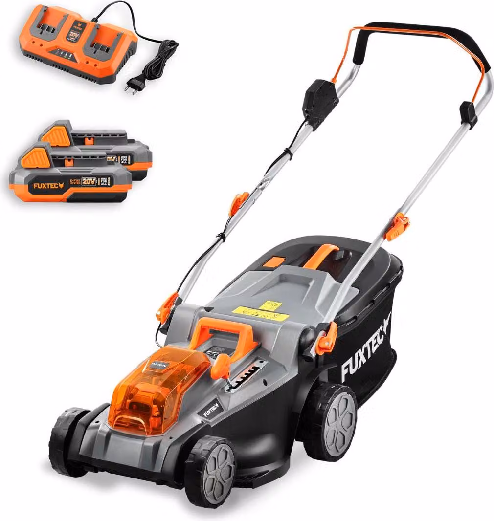FUXTEC Tagliaerba elettrico a batteria 40V (2x20V) E2RM43 Set batterie e caricabatterie - Larghezza di taglio 43cm, Altezza di taglio variabile, Tosaerba a batteria, Senza fili