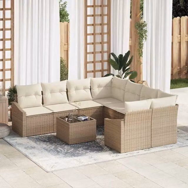 Set di divani da giardino vidaXL 9 pezzi in rattan beige con cuscini e tavolino da caffè – 1