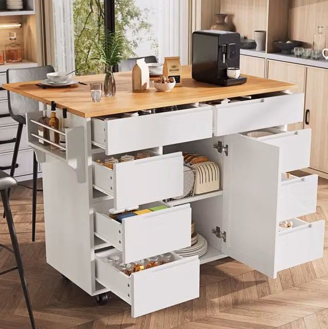 Isola da cucina 122x74.5x91.5 cm pieghevole con 8 cassetti; MDF bianco