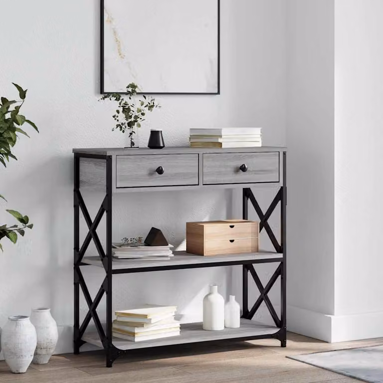 vidaXL Tavolino Consolle in Stile Industrial Grigio con Struttura in Metallo e Legno L/P/H: 75 x 28 x 75 cm