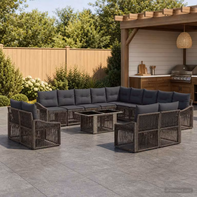 Set Divano da Giardino vidaXL 14 pz in Polyrattan Grigio e Antracite con Cuscini e Tavolino