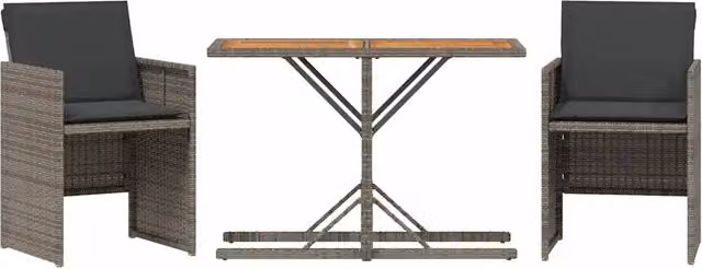Set da bistrò da giardino 3 pezzi in polyrattan e legno di acacia con cuscini grigi – 1