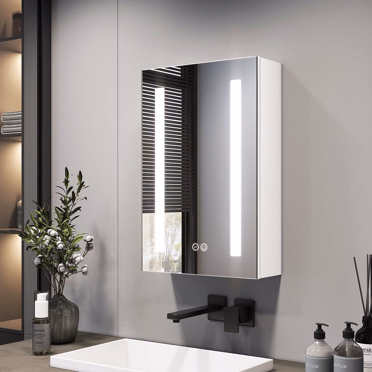 Armadietto a specchio EMKE con illuminazione a LED 400 x 600 x 145 mm con antiappannamento e 3 colori di luce dimmerabili, armadietto da bagno a 1 anta con presa e interruttore a sfioramento