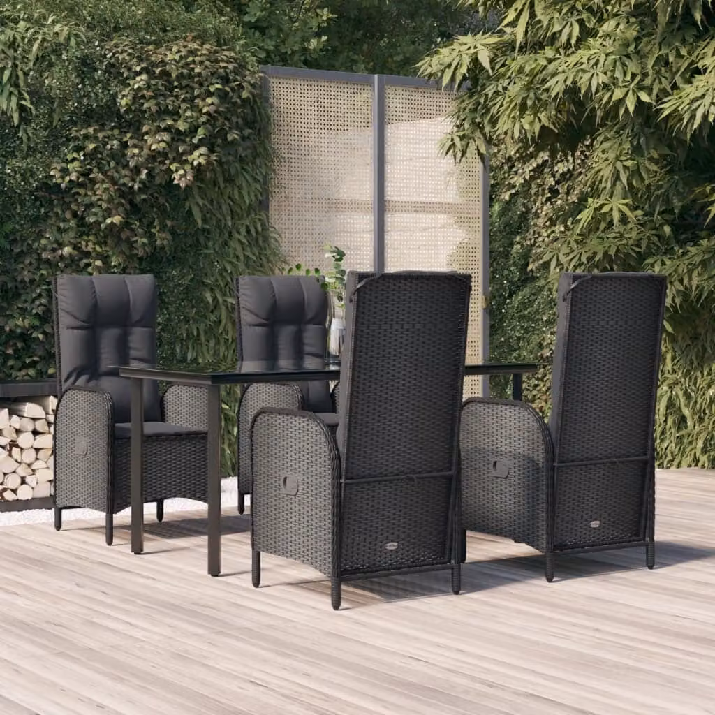 Set da pranzo da giardino vidaXL in polyrattan e vetro nero con 5 pezzi e cuscini