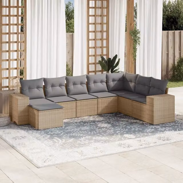 vidaXL Set Divano da Giardino a L composto da 8 pezzi in Polyrattan con Cuscini Beige e Ottoman