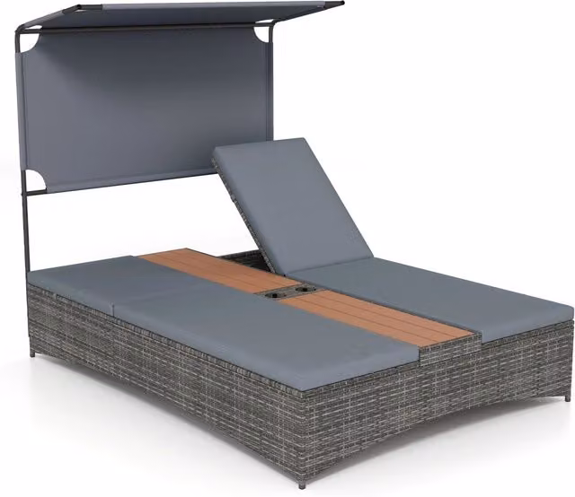Lettino prendisole per 2 persone con tettuccio schienali regolabili, Lettino prendisole con tavolino integrato per balcone terrazza e patio Grigio
