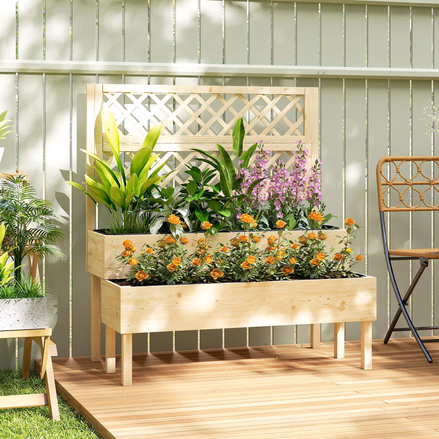 Aiuola rialzata con traliccio a 2 livelli e 2 scomparti Outsunny in legno marrone L: 108 cm, P: 62 cm, H: 120 cm – 2