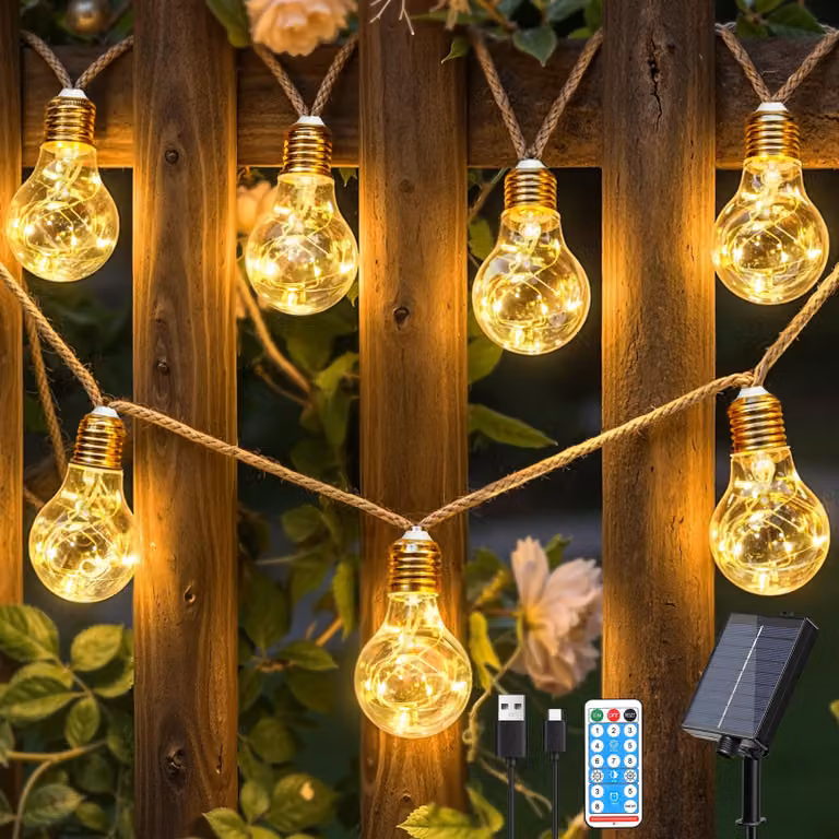 Catena luminosa solare, 12 metri, 24 lampadine, resistente alle intemperie, 8 modalità, timer, dimmerabile