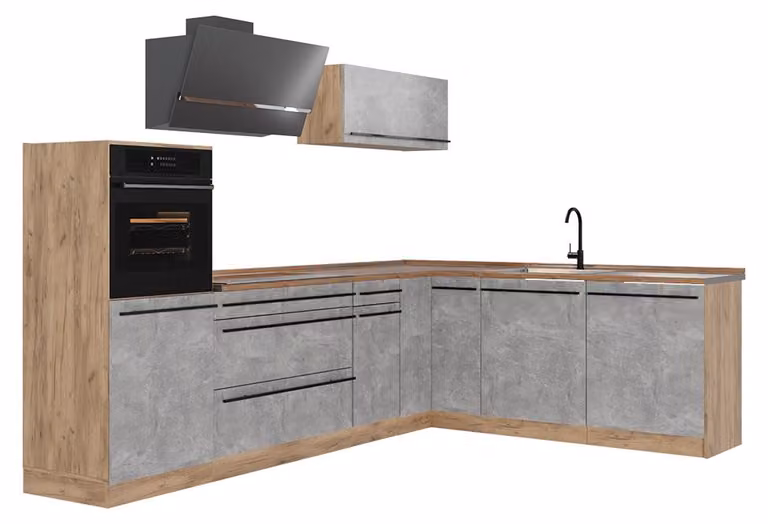 Cucina angolare completa Vicco R-Line Calcestruzzo/Rovere dorato 287 x cm piano di lavoro Rovere dorato, Model 67462