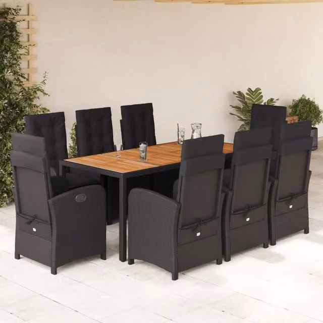 Set da Pranzo da Giardino vidaXL in Polyrattan e Legno di Acacia Nero e Marrone con 9 Pezzi e Piano in Vetro – 1