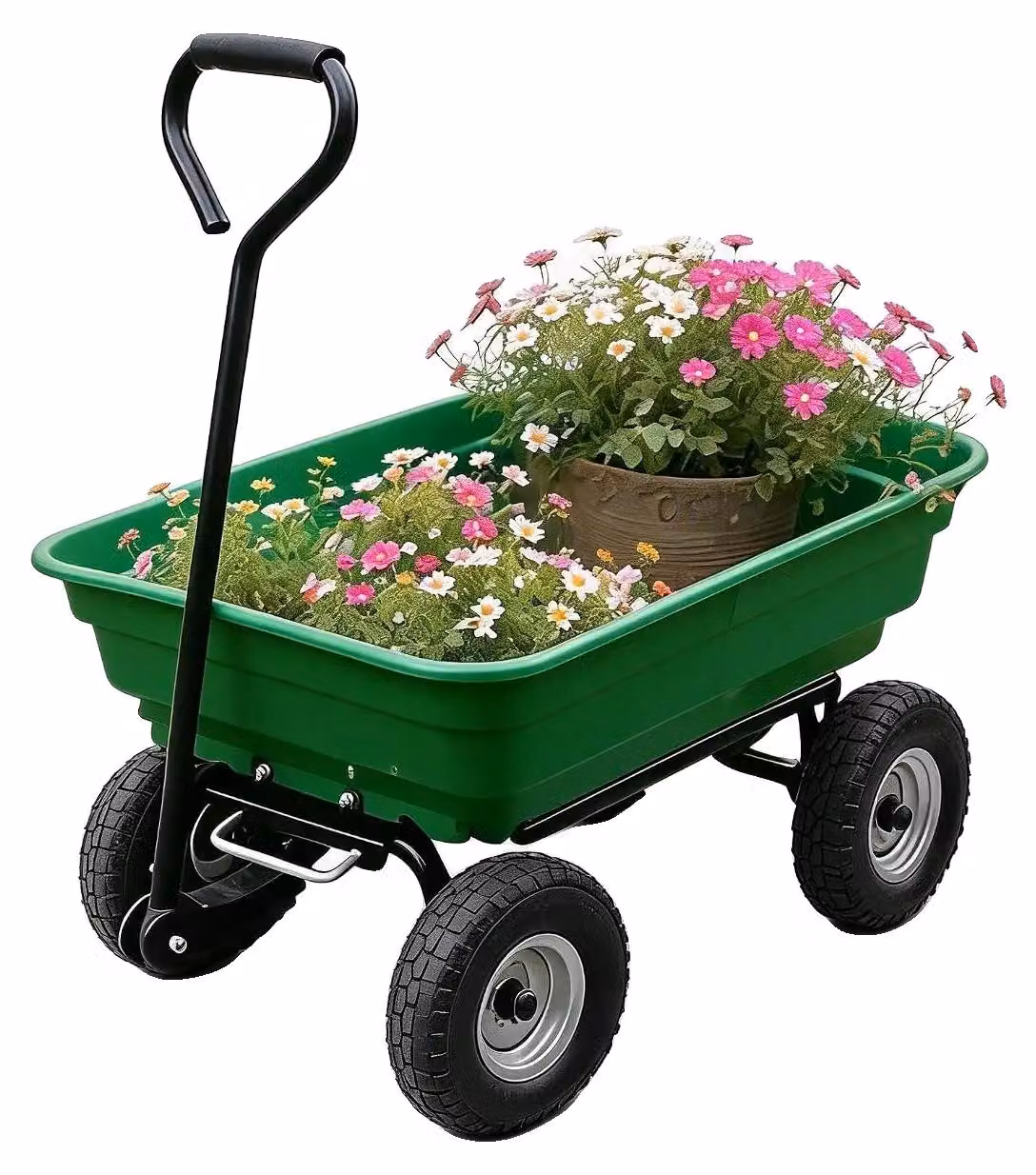 Carrello da giardino, capacità di carico 272 kg, sistema di scarico rapido, colore verde, 4 ruote