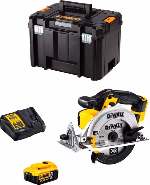 Sega Circolare DeWalt DCS391P1 Gialla con Batteria da 5,0 Ah, Caricabatterie DCB115 e Contenitore TSTAK VI – 1