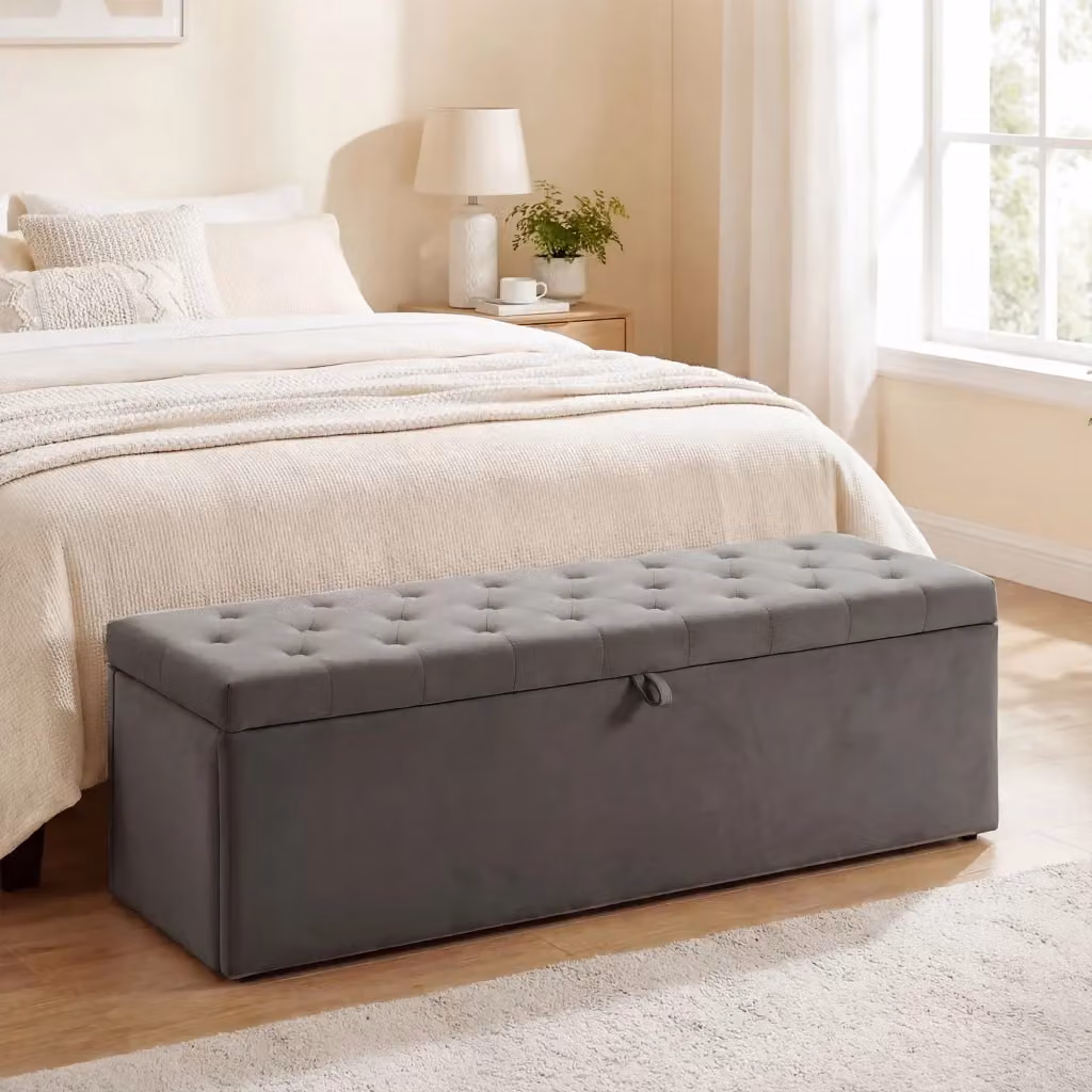 Cassapanca Contenitore GIORDANOSHOP in Velluto Grigio con Seduta Imbottita L: 137 cm, P: 41 cm, H: 42 cm – 2