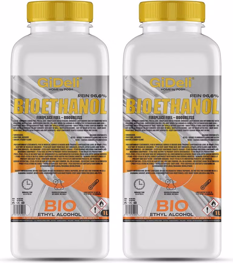 Bioetanolo inodore 96,6% 2L per caminetti universali senza fumo e senza fuliggine GiDeli