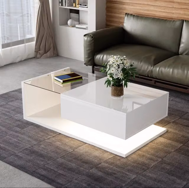 Tavolino da salotto bianco lucido 105 cm con vetro temperato e LED multicolore