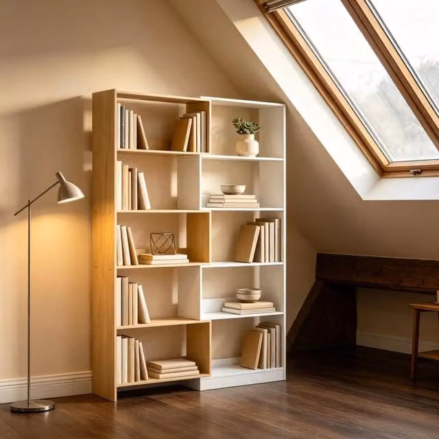 Libreria modulare girevole a 5 ripiani in truciolare naturale e bianco