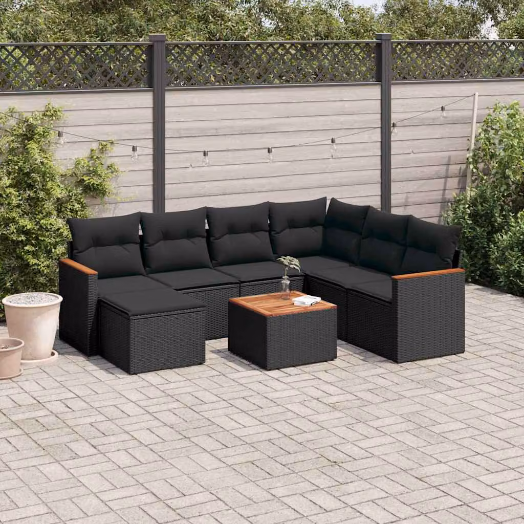Set Divani da Giardino vidaXL a Forma di L con 8 Pezzi Nero in Polyrattan e Acciaio con Cuscini e Tavolino – 1