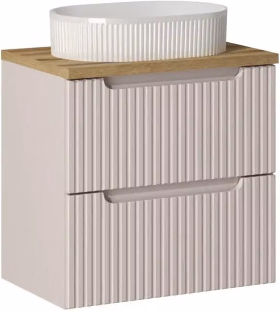 Set VANO in cashmere e quercia 60cm: mobile sottolavabo con cassetti + piano per lavabo + lavabo da appoggio scanalato bianco