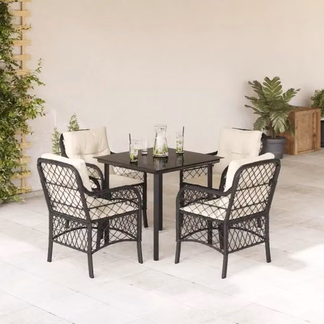 Set da Pranzo da Giardino 5 pz Nero con Cuscini in Polyrattan 3212090