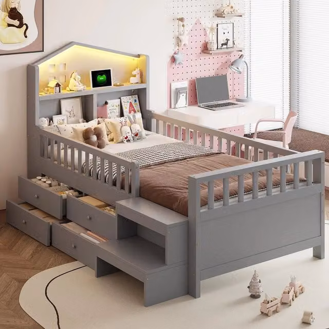 Letto Singolo con LED, USB, Cassetti e Rete a Doghe ¨C MINIMAL ¨C Massello Grigio 90x200