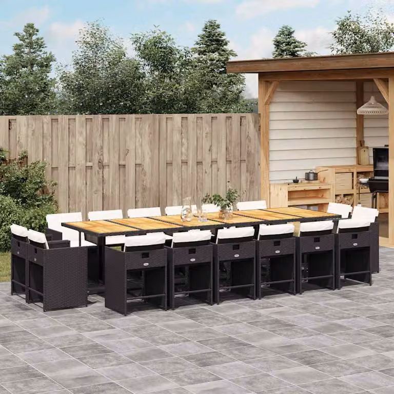 Set da pranzo da giardino vidaXL in polyrattan nero con cuscini e tavolo in legno di acacia, 17 pezzi
