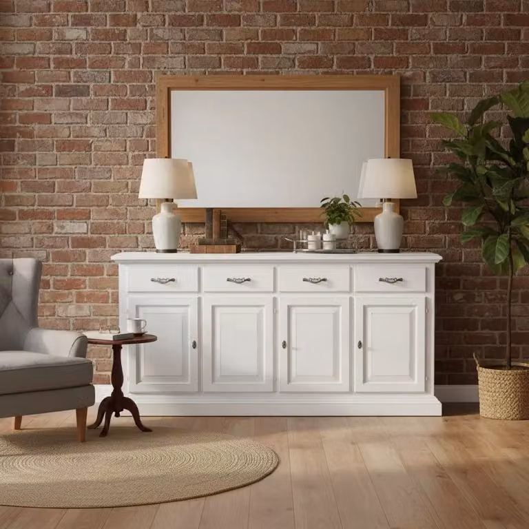 Madia credenza shabby chic in legno massello 4 porte bianco consumato Mobili 2G L/P/H: 222 x 51 x 105 cm