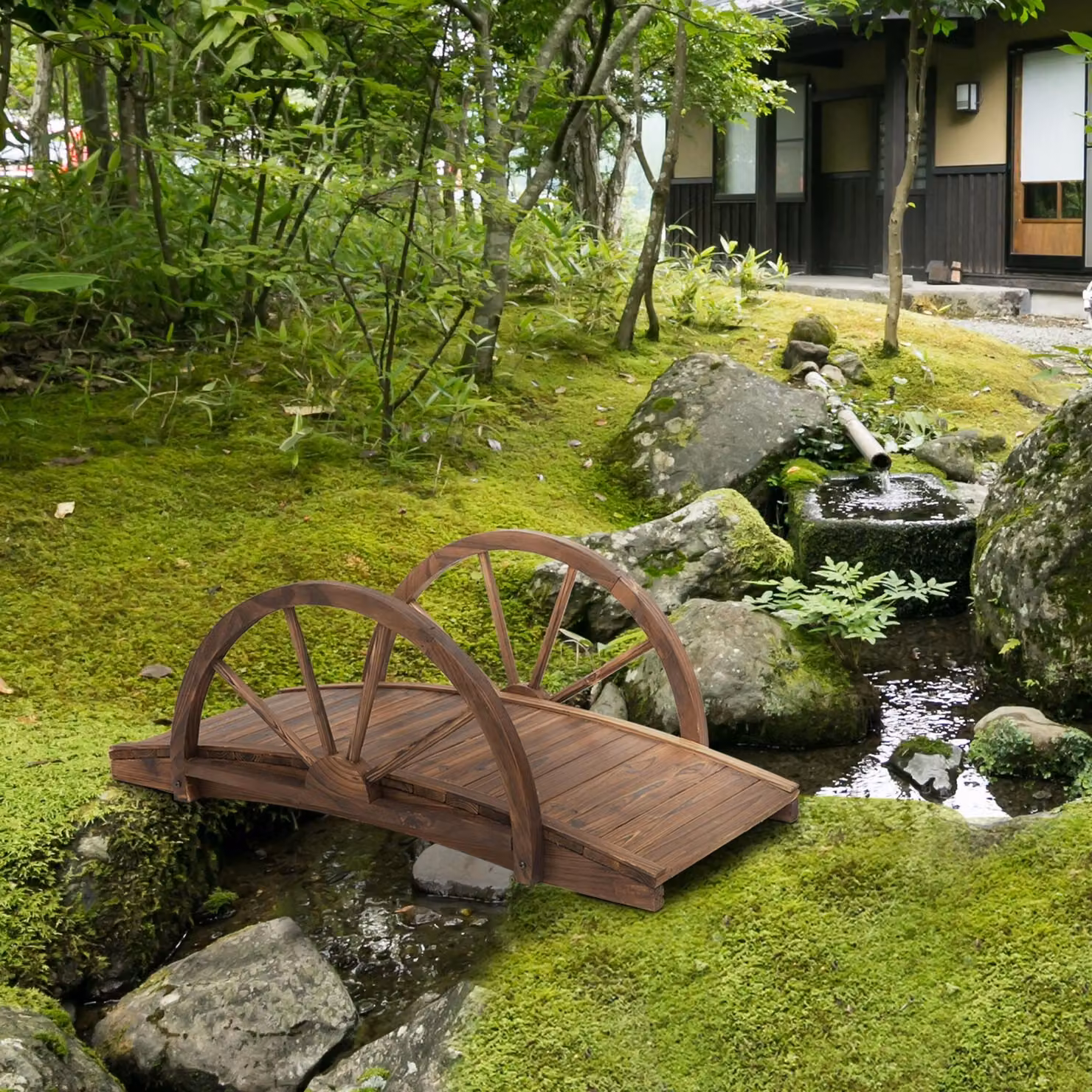 Ponte da giardino Outsunny in legno di abete marrone con design a ruota per stagno, portata massima 150 kg, L 100 x P 50 x H 37 cm – 2