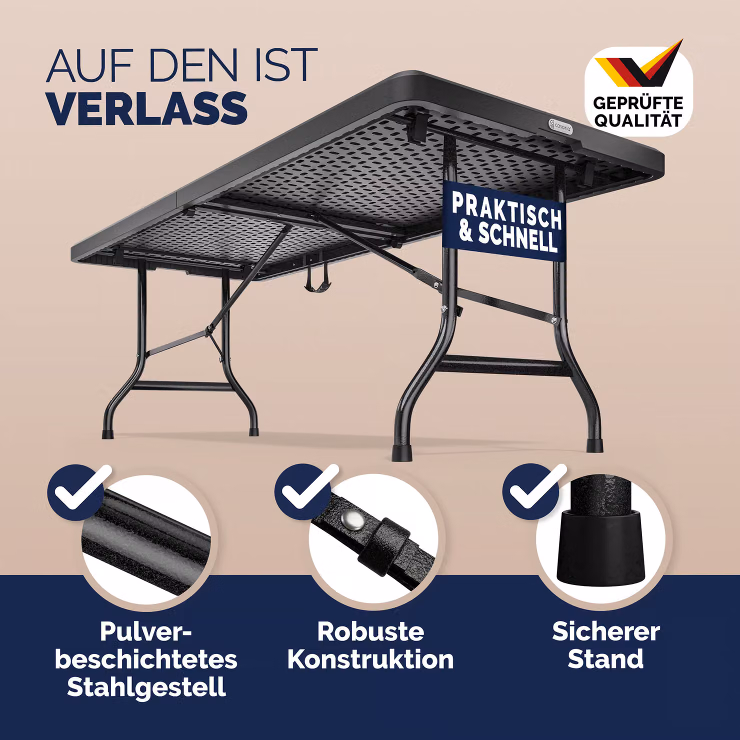 Tavolo pieghevole rettangolare CASARIA in plastica e acciaio verniciato antracite L: 183 cm, P: 76 cm, H: 74 cm – 3