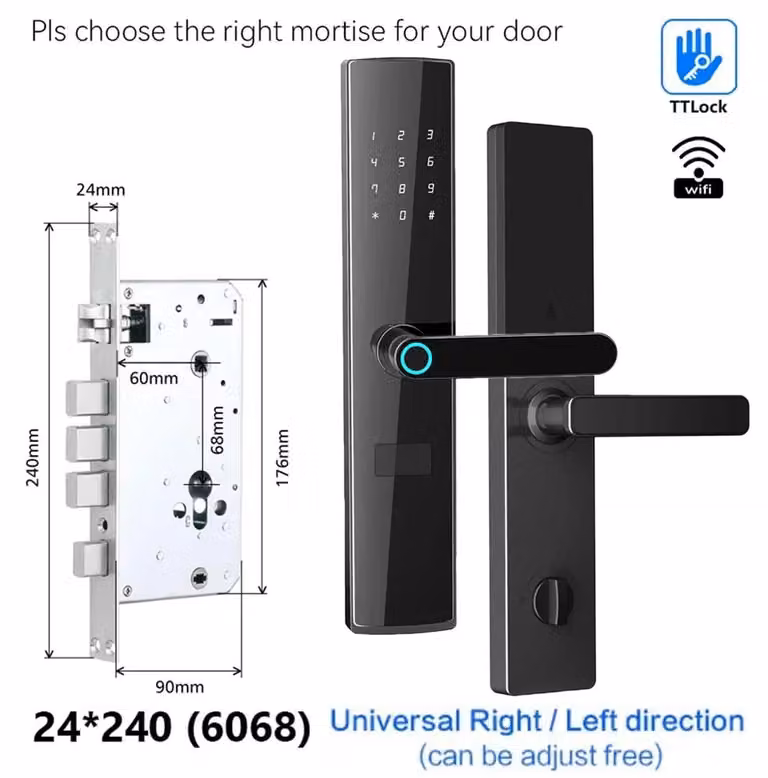 Serratura intelligente per porte con connessione Wi-Fi - Modello F15 - Incasso 24/240 - Cilindro 6068 - Apertura tramite impronta digitale - Controllo remoto tramite Wi-Fi - Campanello integrato - Adatta per porte con spessore da 40 a 120 mm