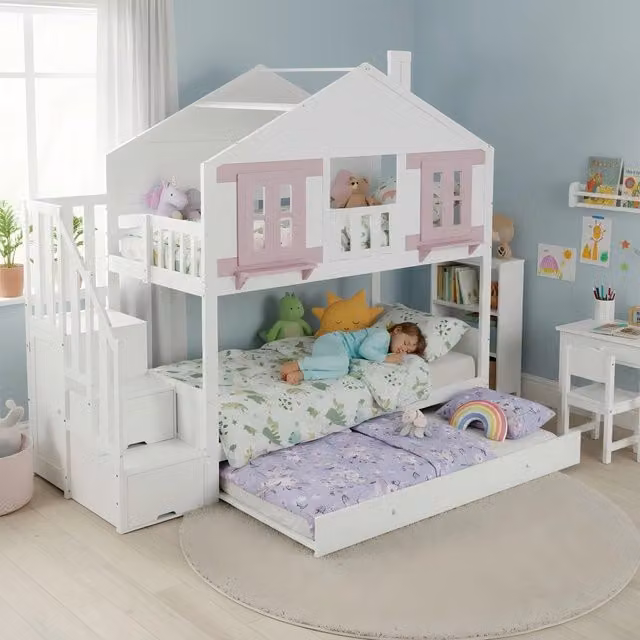 letto a castello in legno massello e mdf bianco rosa 90x200 cm