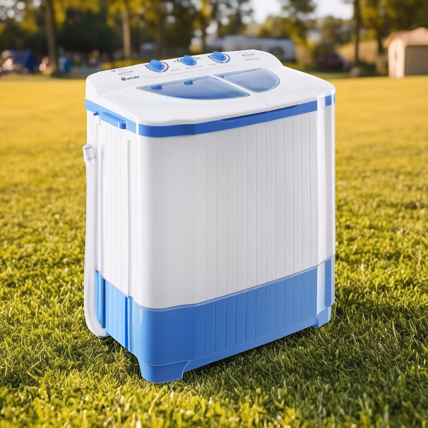 Minilavatrice TecTake GmbH con centrifuga da 3,5 kg e capacità di lavaggio 4,5 kg, modello a caricamento dall'alto, bianco e blu, L/P/H: 65 x 40 x 75 cm – 2