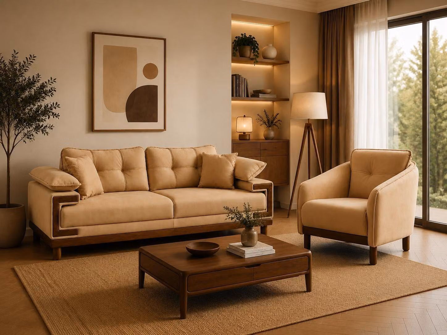 Modern 3-Sitzer Sofa Sessel Set Beige Stoff Wohnzimmer Polstermöbel