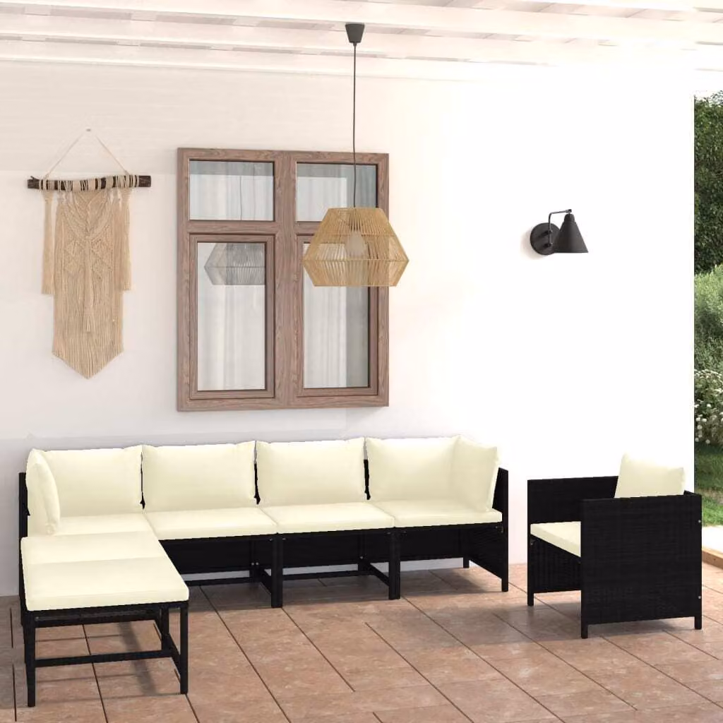 The Living Store Set da giardino 7 pezzi con cuscini in poly rattan nero