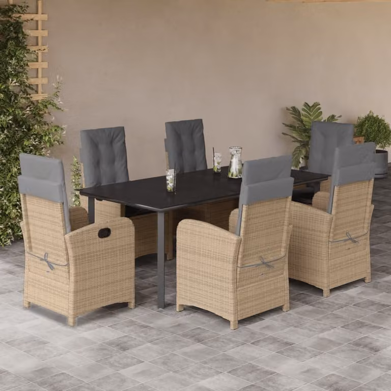 Set Pranzo da Giardino vidaXL in Polyrattan con Cuscini Beige e Piano in Vetro, 7 Pezzi